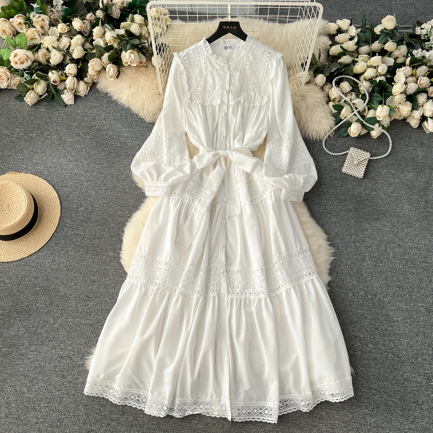 French Vintage lool Sleeve Lace cut out PATCHWORK Dress A-line Chic Casual Beach Vacation Women Summer puff sleeve Dresses