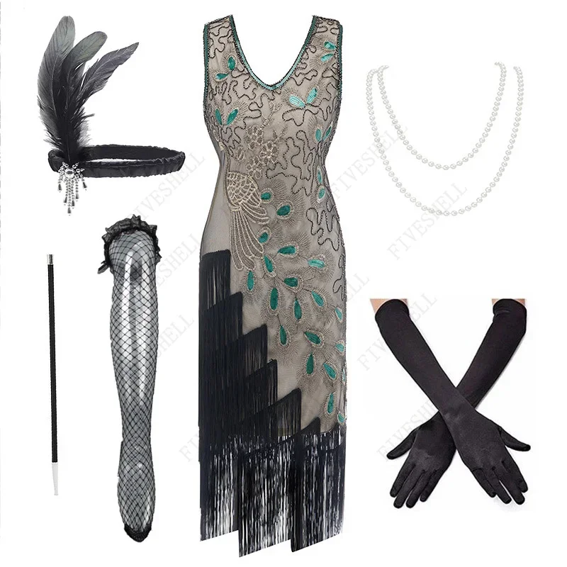 1920s gaun Fashion wanita berpayet merak, gaun Flapper berjumbai Gatsby Vintage gaun pesta Roaring 20s