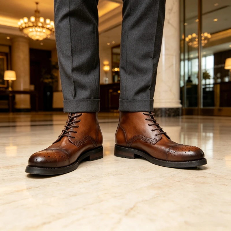 Men Brogue Oxford Short Ankle Boots Black Brown Genuine Leather Shoes Retro Business Casual Men Formal Dress High Top Boots