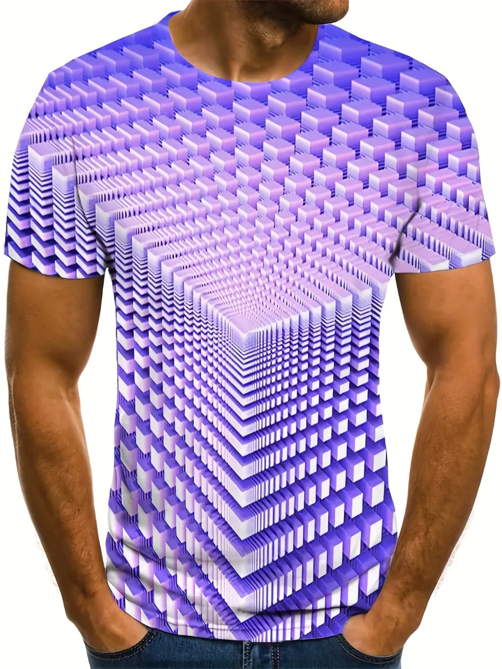 Abstract 3D Cube Optical Illusion T‑Shir Trippy Geometric Stereo Effect 3D Printed Tee Trendy Casual Short Sleeve Shirts For Men