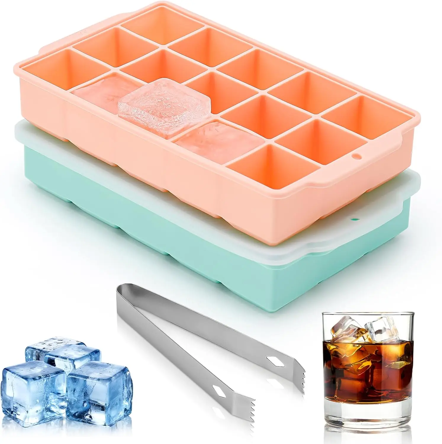 

Cube Tray, Ice Tray for Freezer with Lid, 2 Pack Silicone Ice Cube Trays for Freezer with15 Flexible Easy Release Ice Trays