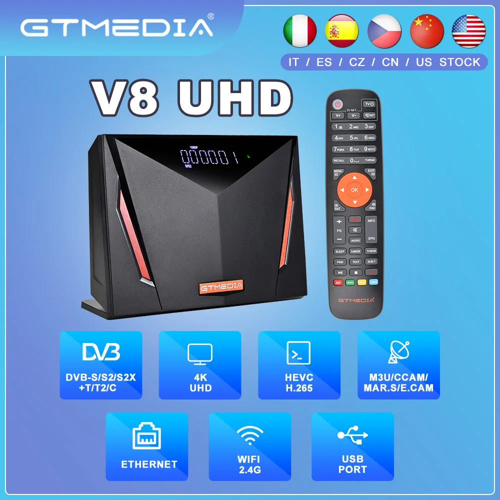 

GTMEDIA V8 UHD 4K Satellite Receiver DVB-S2X/S2/S DVB-T2/T/C ATSC-C H.265 MARS ECAM HD TV Decoder Built-in 2.4G WIFI Ethernet