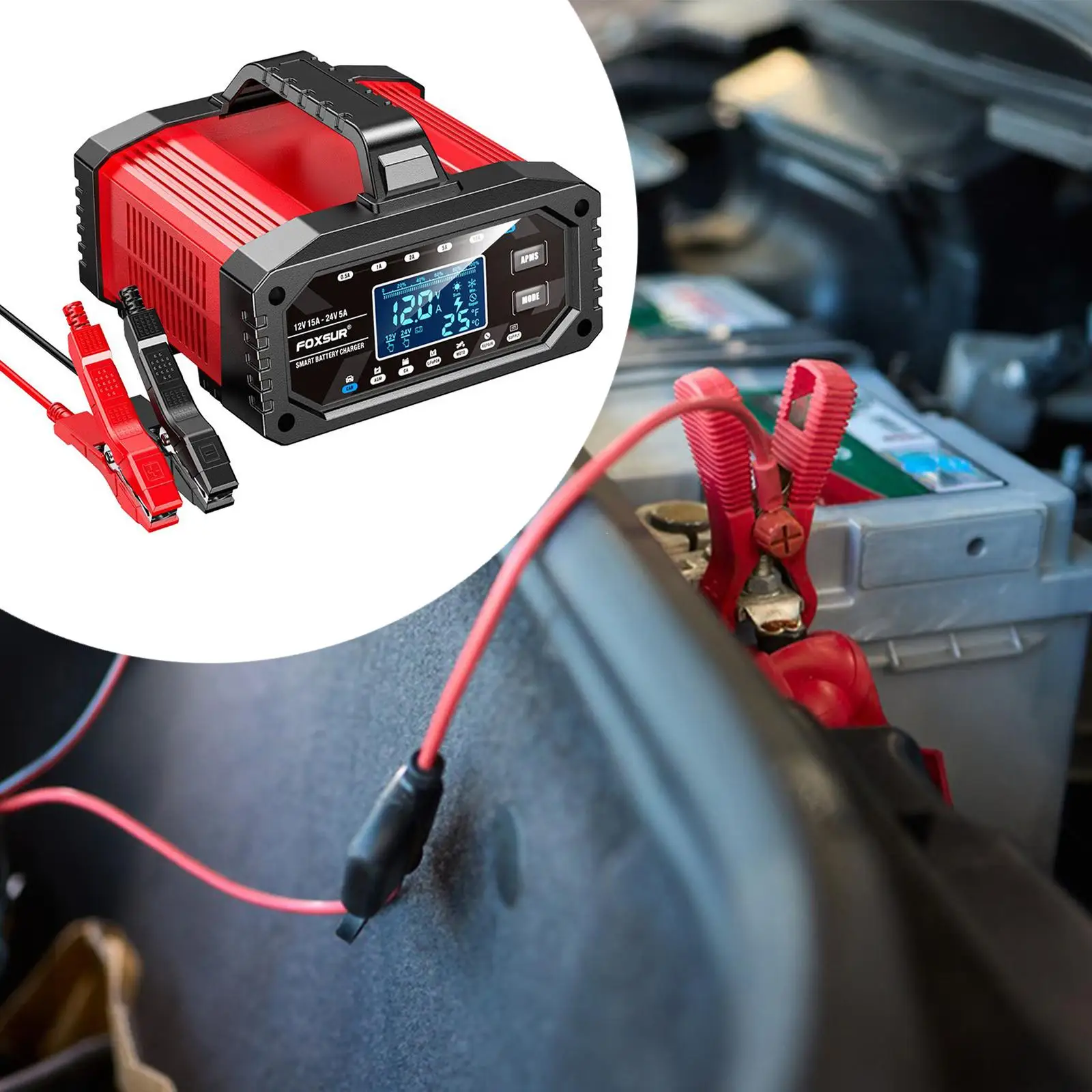 

Professional Car Battery Charger 15 Amp Smart Charging Device with LCD Screen for Trucks Motorcycles Rvs and Cars