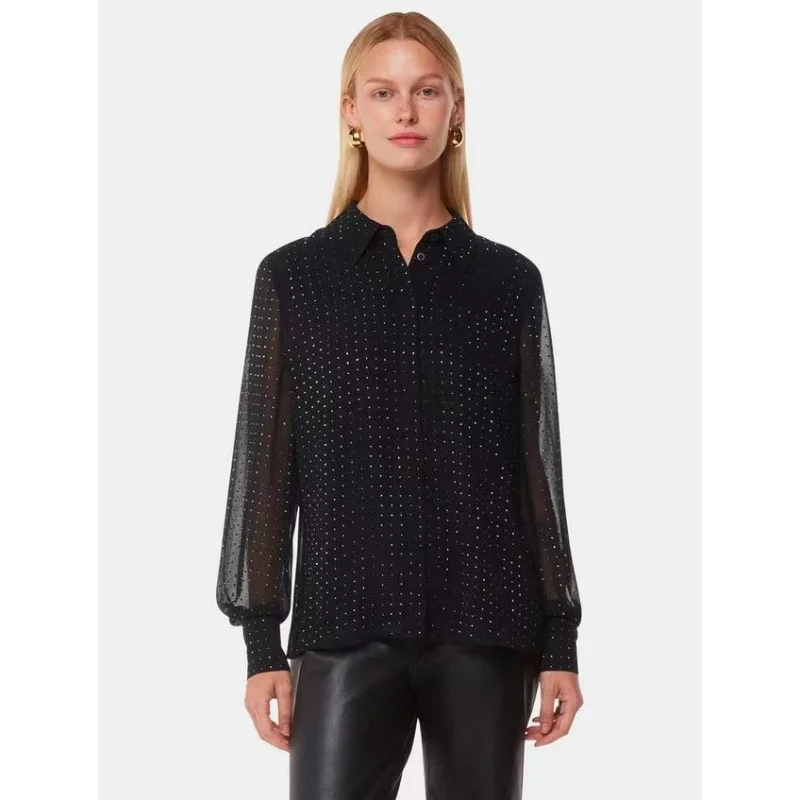 Ele Bla Full Drill Long Sve irt Australian Whistle Pure Sle Casual Loose Fit Polyester Fiber Skin-friendly Breat...