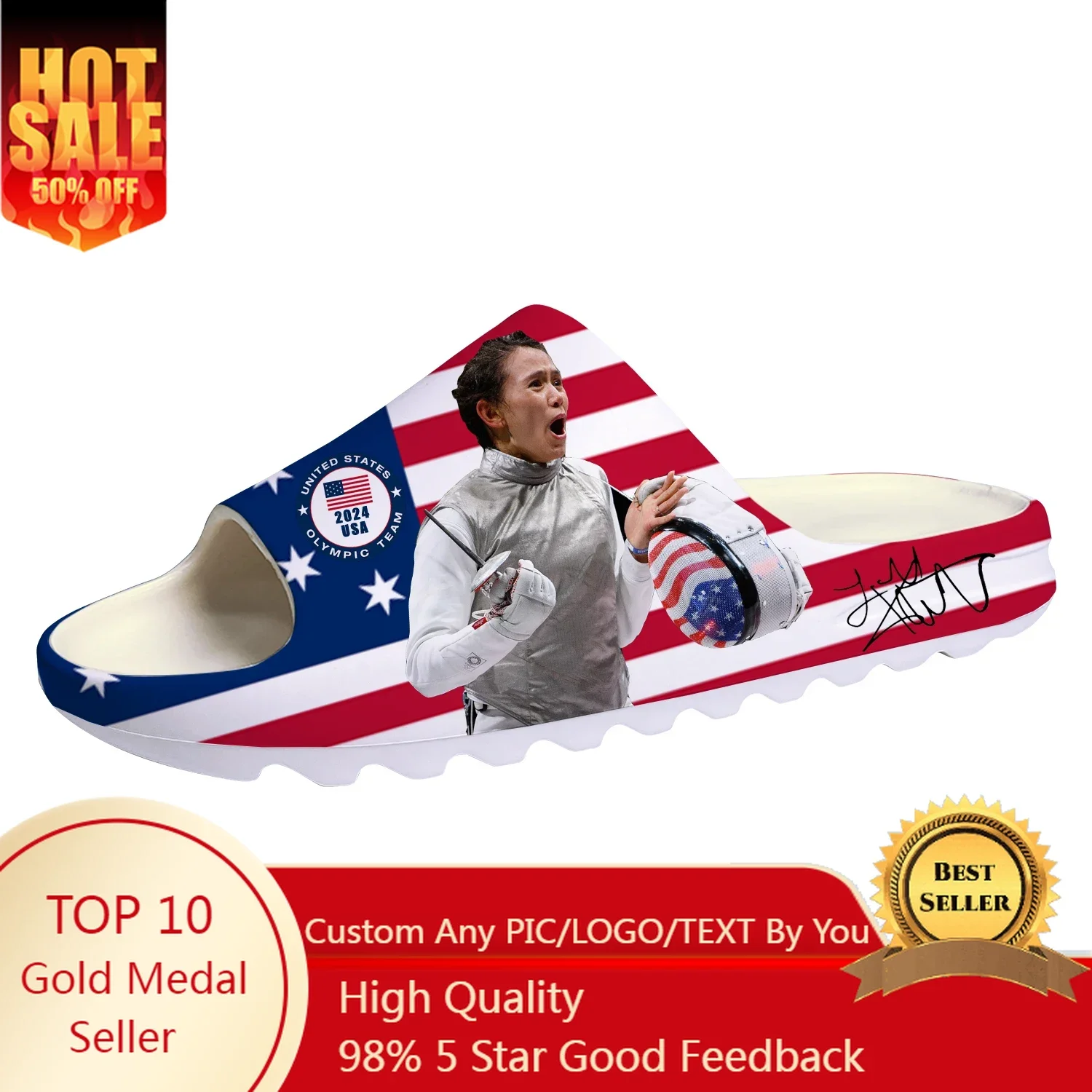 

Lee Kiefer Foil World Champion Soft Sole Sllipers Home Clogs Custom Shoes Mens Womens Teenager Stepping on Shit Beach Sandals