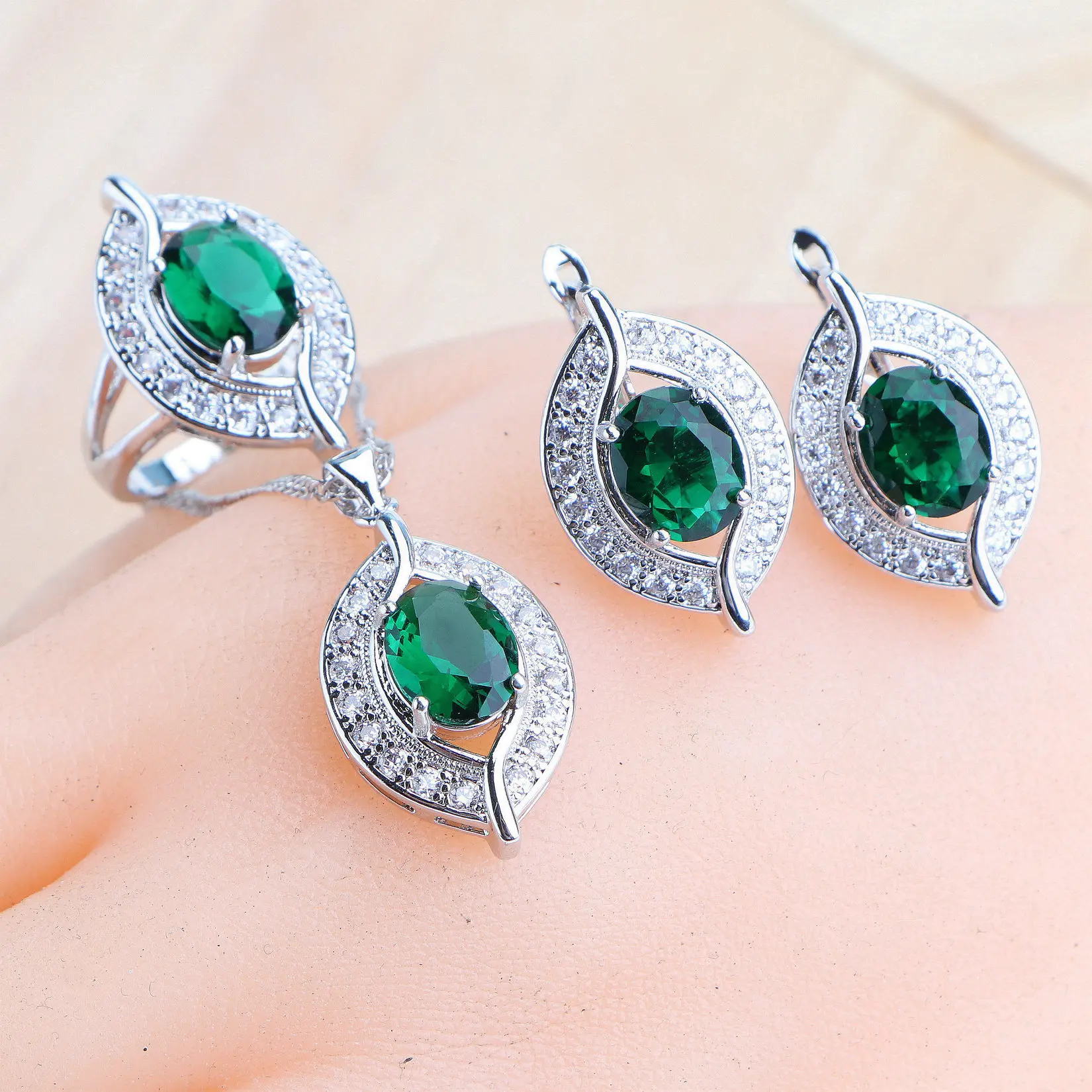 Women Wedding Jewelry Sets 925 Silver Earrings Stones Bracelets Ring Pendant Necklace Green Cubic Zricon Set Bridal Jewelry