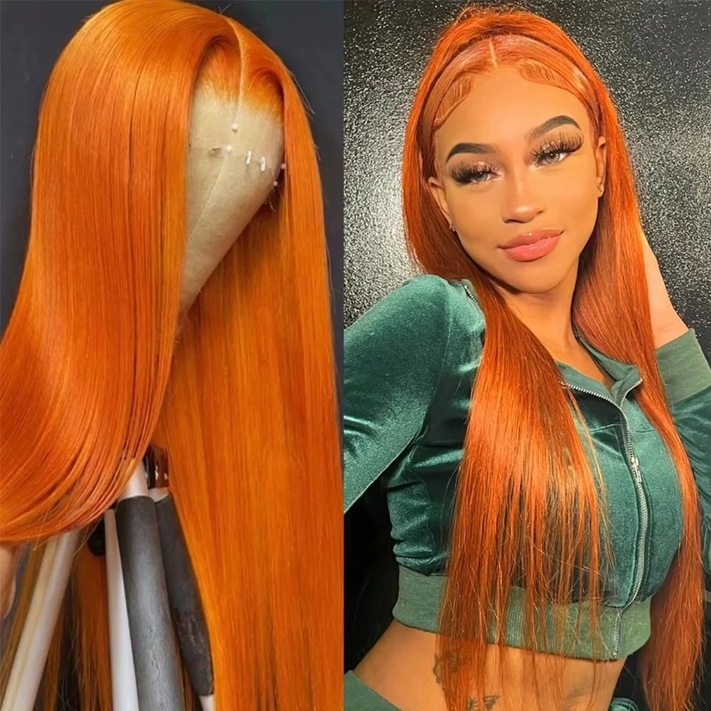 

200 Density Orange Ginger Straight 13x6 Hd Lace Frontal Human Hair Wigs 350 Colored Transparent Lace Wig For Women Parties ﻿