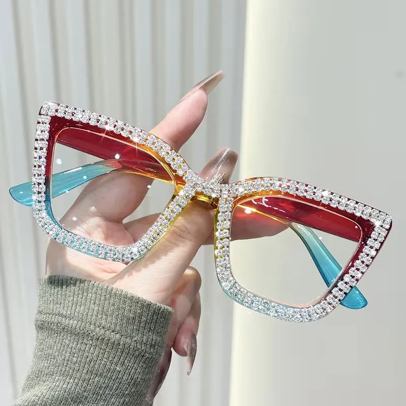 New European and American Style Large Square Frame High-Quality Versatile Light Luxury Diamond-Encrusted Elegant Reading Glasses for Women, Enhancing a Youthful Look, Elegant and Simple, Made of Pc Material, with Prescriptions from +1.0 to +4.0, Suitable for Computer/Tv/Mobile Phone Use, Ideal for Daily Computer Office Work