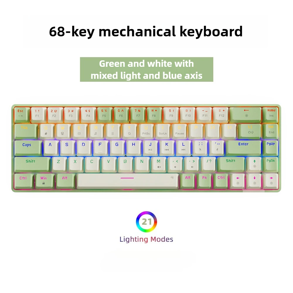 

Зеленая механическая клавиатура, 68-клавишная проводная смешанная коричневая клавиатура с подсветкой, компактная игровая клавиатура с возможностью горячей замены для ПК