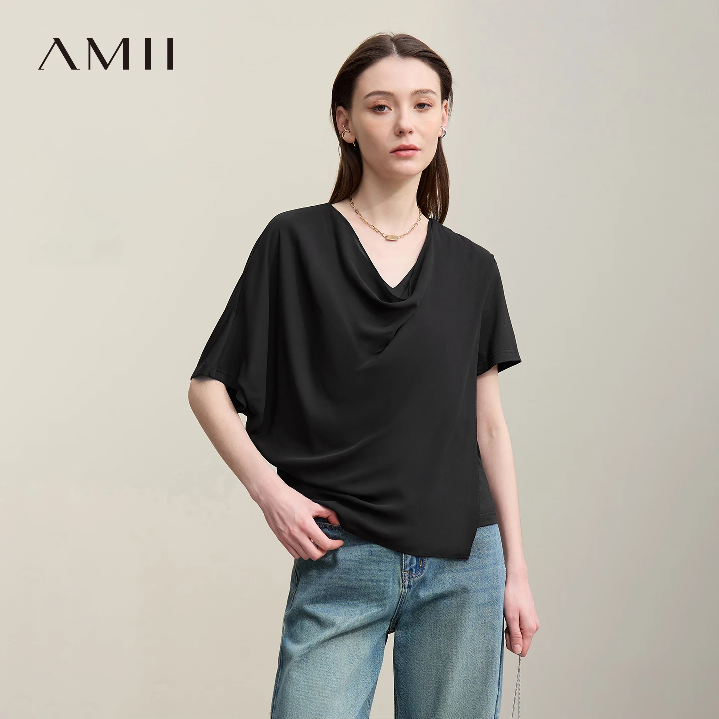 Amii Cowl Neck Women's T-Shirt 2026 Summer New Chiffon Patch Stretch Tee Loose Asymmetric Short Sleeve Top For Women 12622057