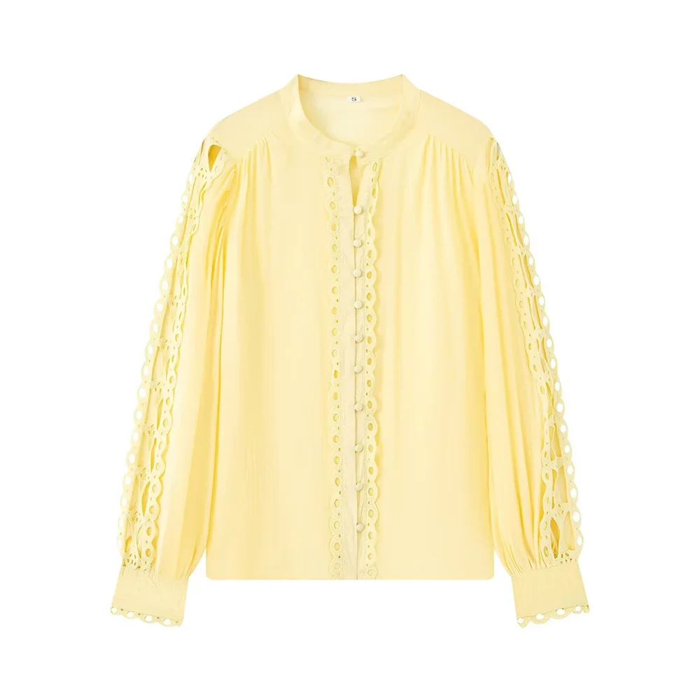 Autunno nuovo abbigliamento da donna in stile europeo e americano moda semplice e versatile top con bordi in pizzo tinta unita