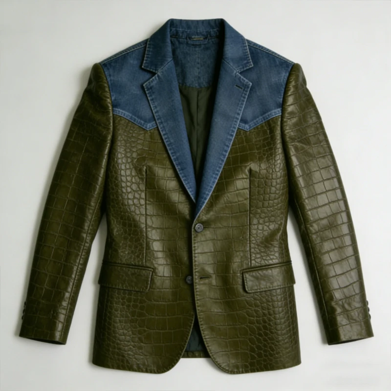 Men's Crocodile Embossed PU Leather Blazer Shoulder Denim Patchwork Notch Lapel Flap Pocket Jacket Business Casual Suit Coat image 2