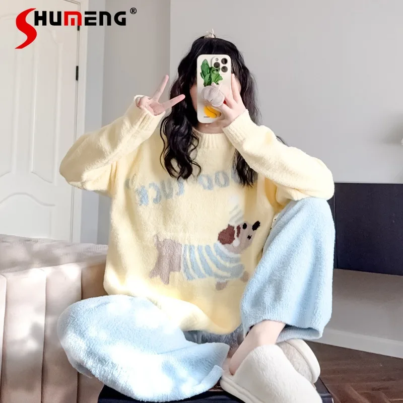 

Autumn Winter Pajamas for Women Fleece Japanese Style Cute Warm Homewear Female Thickened Lined Outerwear Loungewear Set