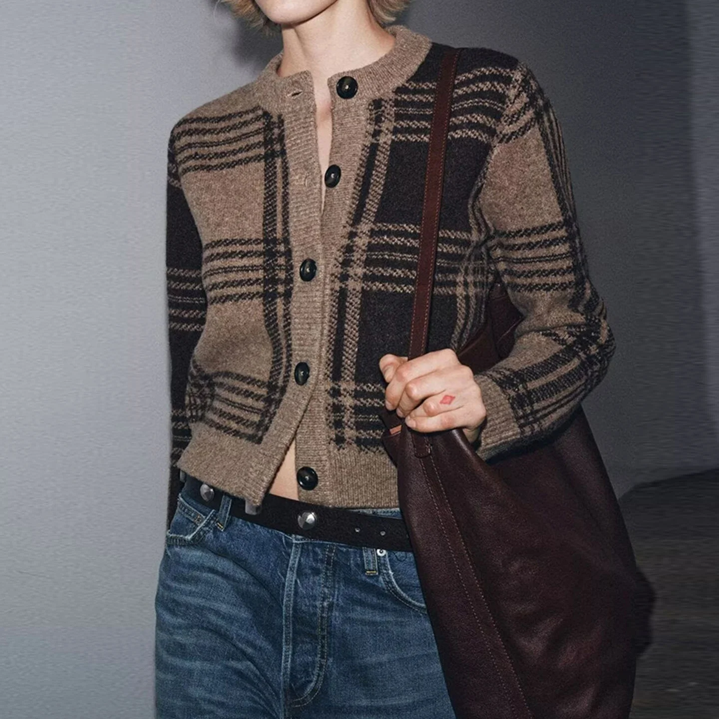 Chaqueta de Punto a Cuadros de Moda para Mujer, Estilo Nuevo de Otoño, Chaqueta Corta de Manga Larga Z con Cierre de Bot...