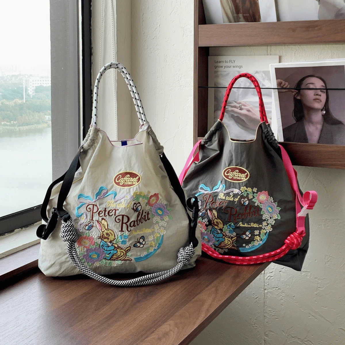 Women's Shoulder Bag with Mr. Rabbit Embroidery, Large Capacity Tote Bag, Fashionable Embroidered Design, Nylon Shopping Bag, Commuter Bag, Women's Handbag Suitable for Shopping, Leisure, Holiday Parties, Surprise Gifts