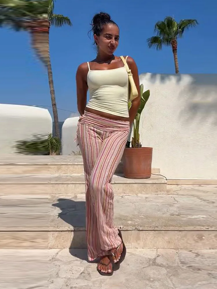 Gestreifte Bandage-Freizeithose für Damen, Streetwear, hohe Taille, Schnürung, getäfelte, lockere Hose mit weitem Bein, modische Partykleidung für Damen – Detail 9