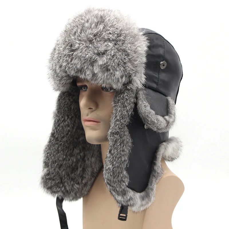 

Winter Rabbit Fur Bomber Hat Men's Fur Leather Top Thickened War Caps