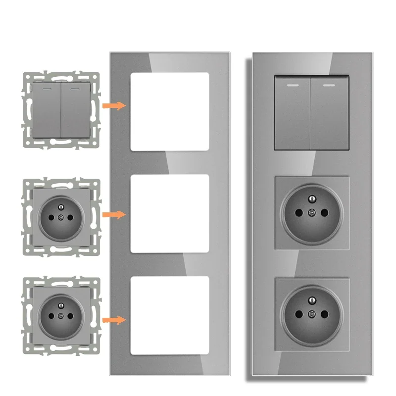 NYWP module mural bricolage norme européenne gris cristal panneau de verre prise bouton de commutation fonction de combinaison gratuite