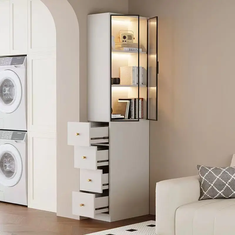 Small Apartment Side Pull-out Bookcase Sofa Side Cabinet Narrow Gap Glass Door Side Cabinet  Corner Locker