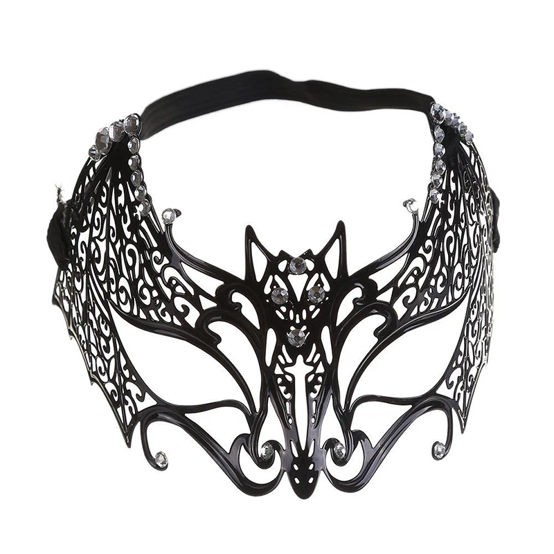 Diamond Prom Half Face Mask Iron Masquerade Aldult Halloween Mardi Gras Bat Shape Cosplay Carnival Party Black Hollow Out Unisex