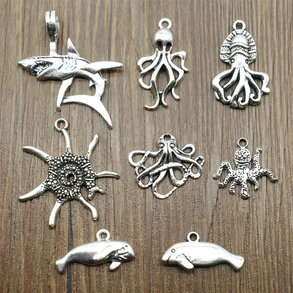 10 sztuk Charms ośmiornica rekin DIY komponenty do biżuterii do tworzenia biżuterii akcesoria antyczne srebro kolor pieczęć kałamarnica Charms
