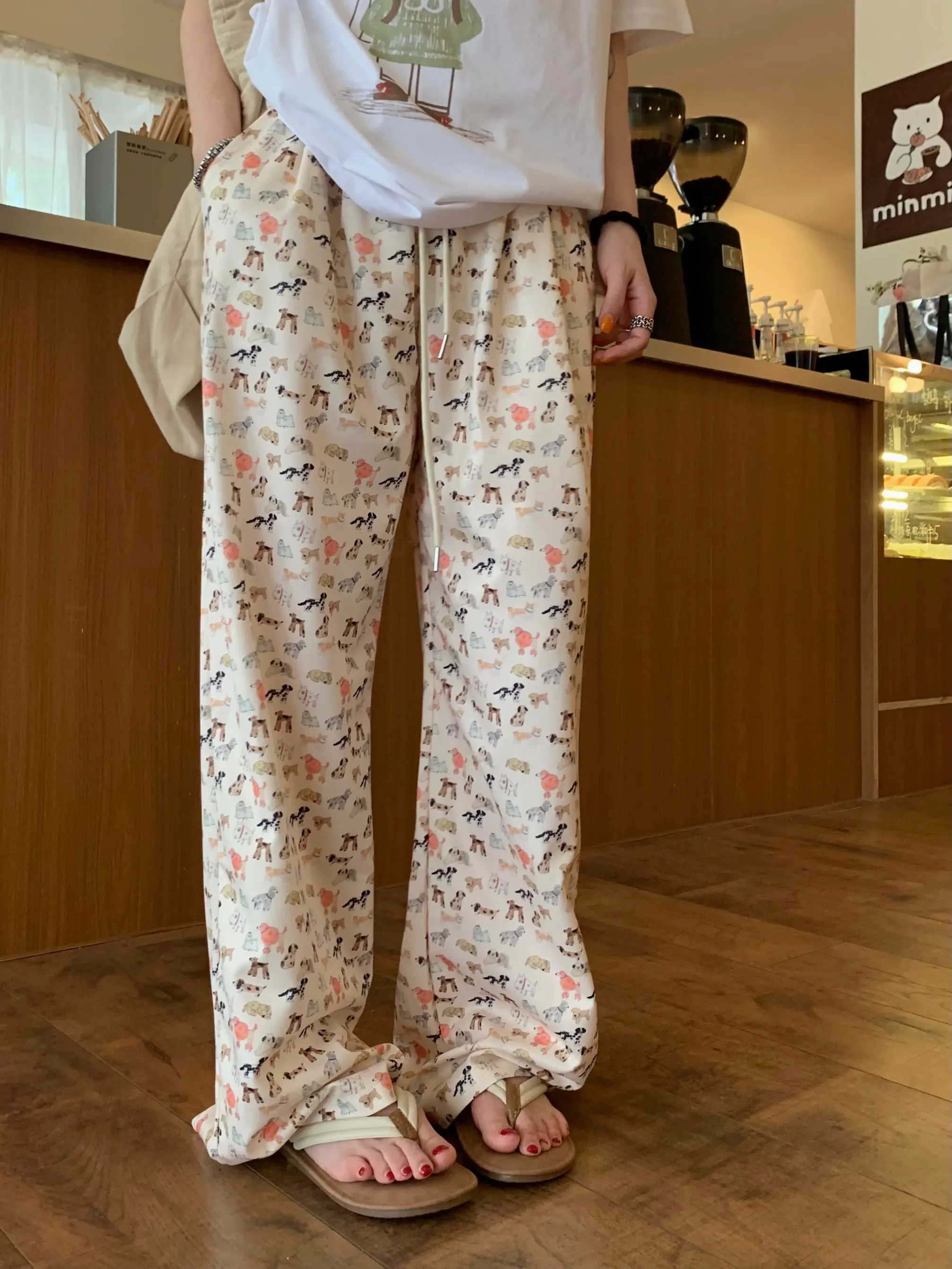 2Colors 2024 Spring Summer High Elastic Waist straight trousers female Casul Cartoon Dog Print Long Sweatpants female (S0056)