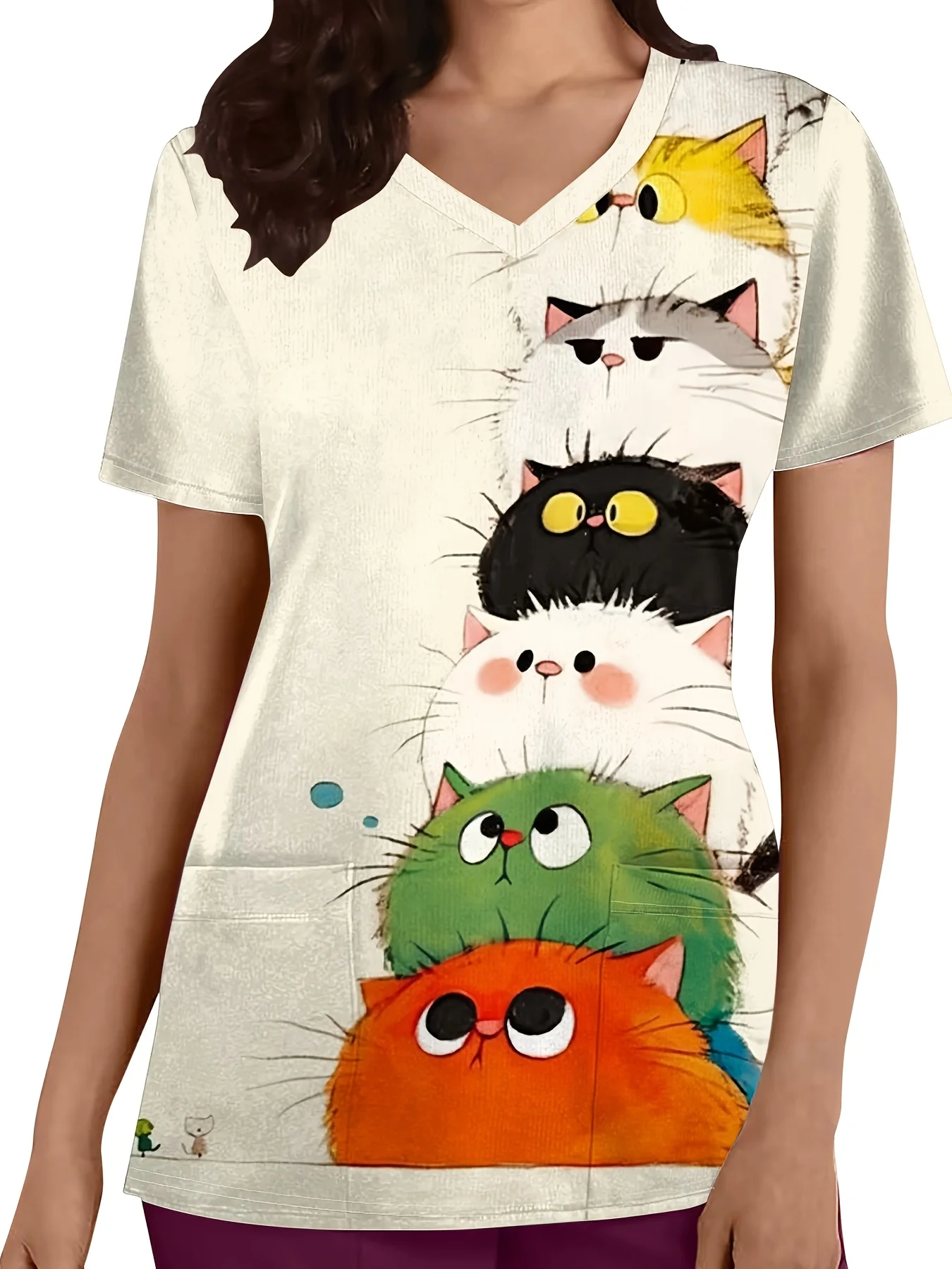Verão brincalhão dos desenhos animados gato gráfico t camisas 3d impressão com decote em v esfrega topo-luz bege manga curta uniforme de enfermeira com bolsos