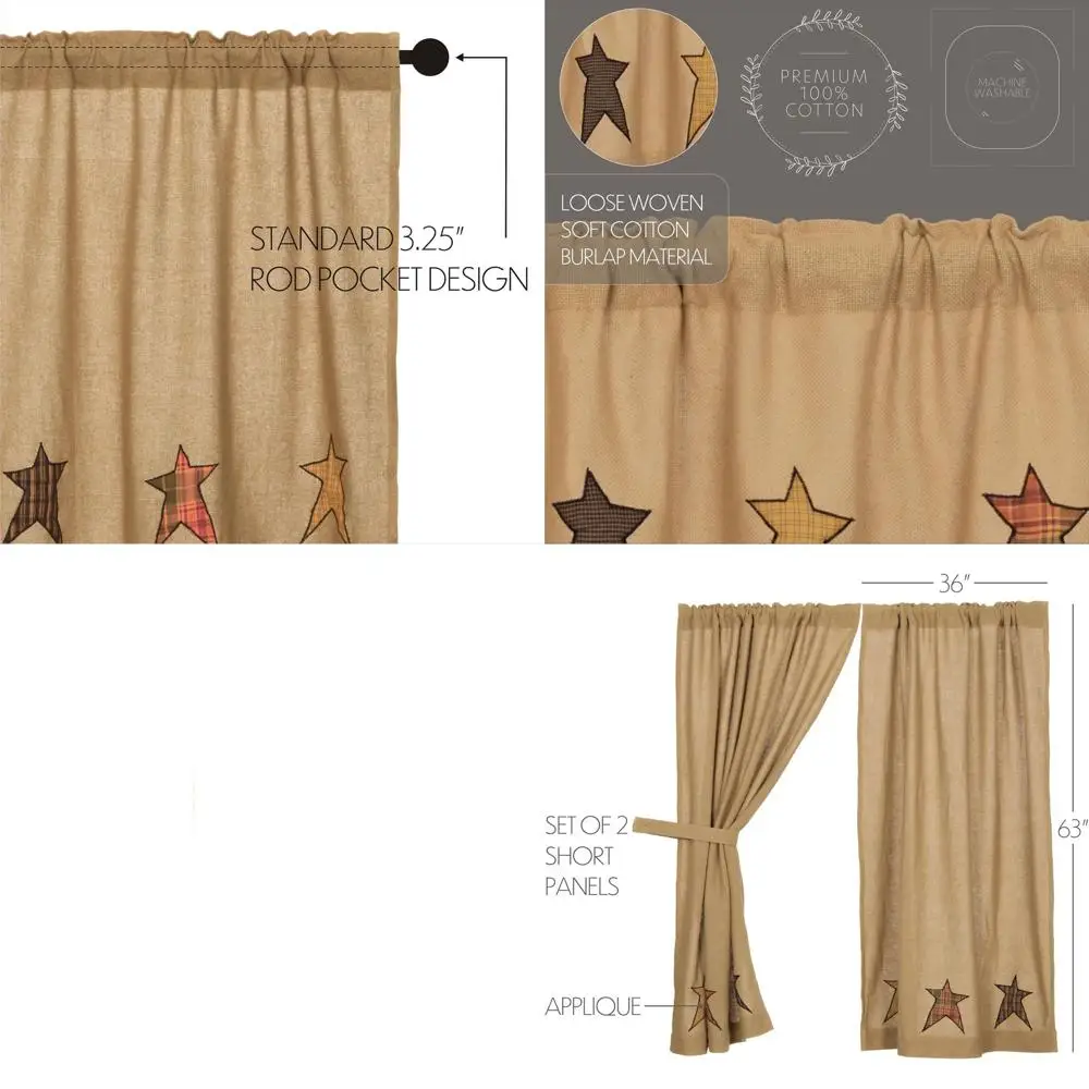 

Хлопковые шторы 63x36 с аппликацией в виде звезд из мешковины, с карманом для карниза и завязками