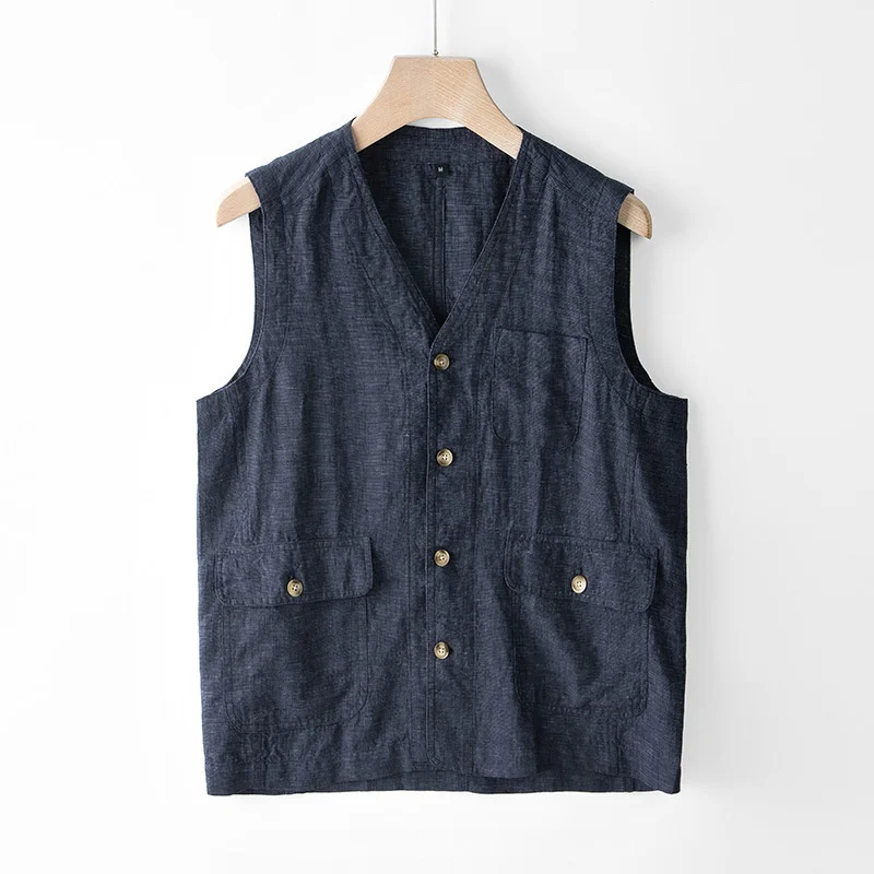 

Linen Men Loose Vest Japanese Styles Retro Sold Color Multiple Pockets Workwear Sleeveless Sweetheart Tank Top V-neck For Male