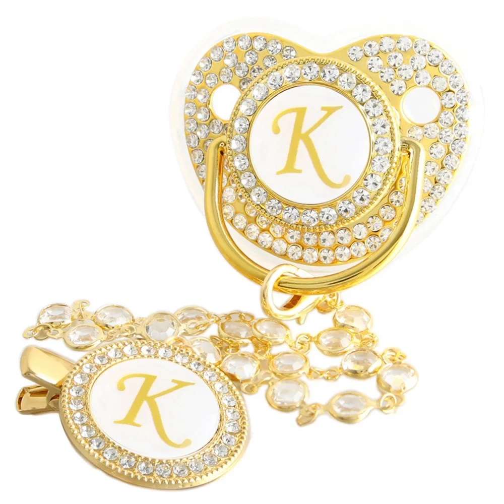Goldener Baby-Schnuller mit 26 Anfangsbuchstaben und Diamantkettenclip