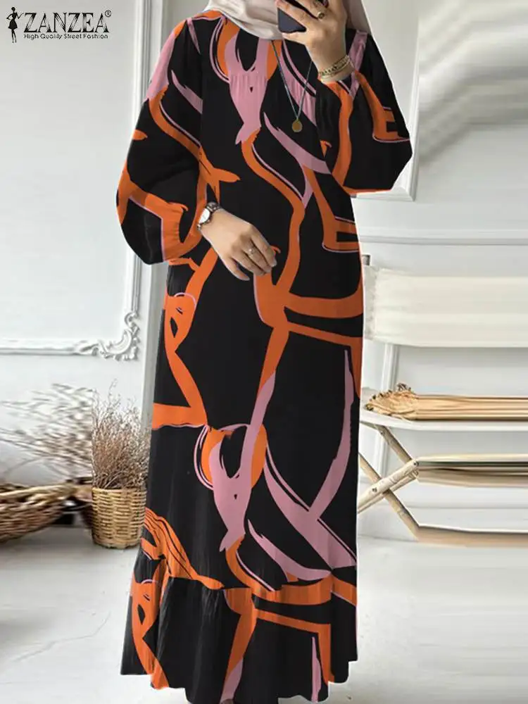 ZANZEA Bohemian Muslim Long Dress Autumn Floral Sundress Fashion Printed Abaya Women Long Sleeve Robe Vestidos Islamic Clothing