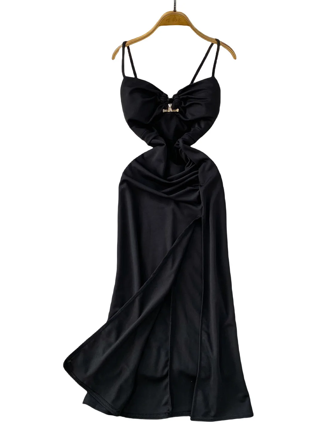 Ele V-Ne Button Detail Strapl Satin Dr Women's Summer Sexy Split A-Line Skirt High Waist Commute Sle Anti-Ball