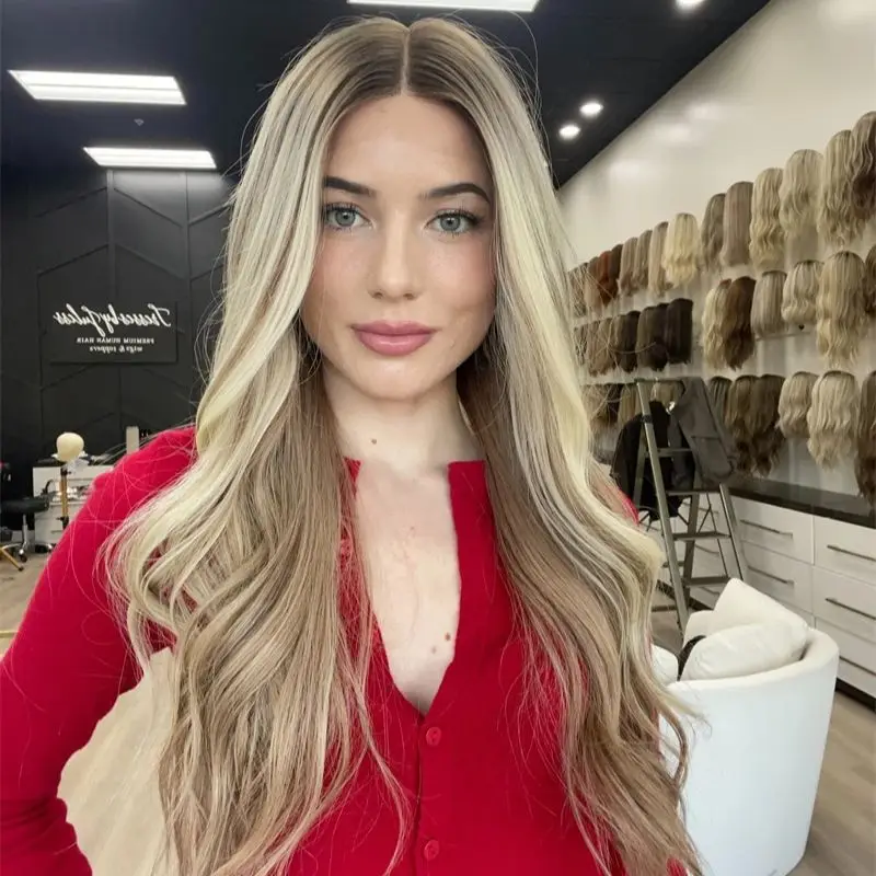 28 Inch Ombre Ash Blonde with Brown Streaks HD Invisible Synthetic Lace Front Wig Original Factory Wig Heat Resistant Fiber Wig
