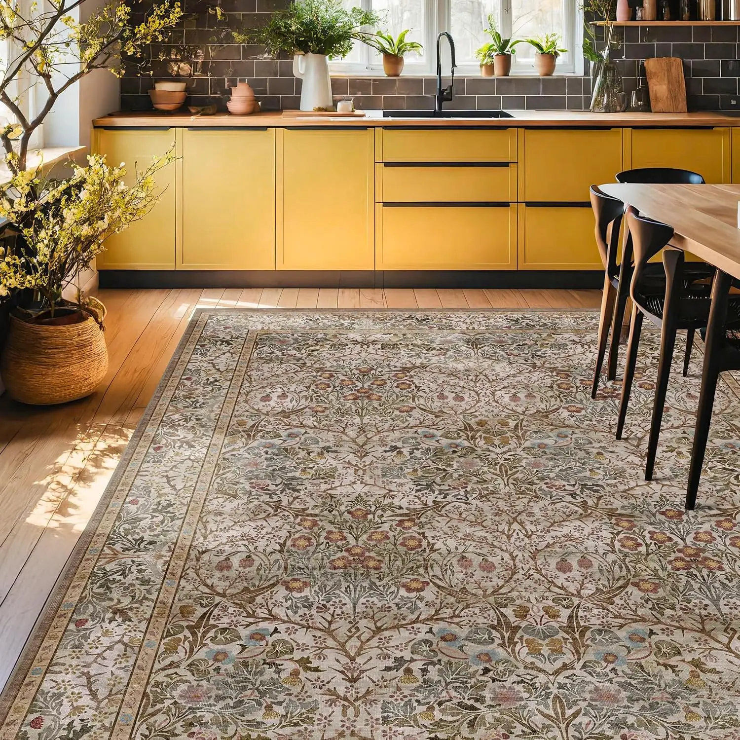 Extra Large 8x10 Oriental Vintage Moss Green Area Rug Neutral Washable Low Pile Carpet for Kitchen Dining Room Home Decor