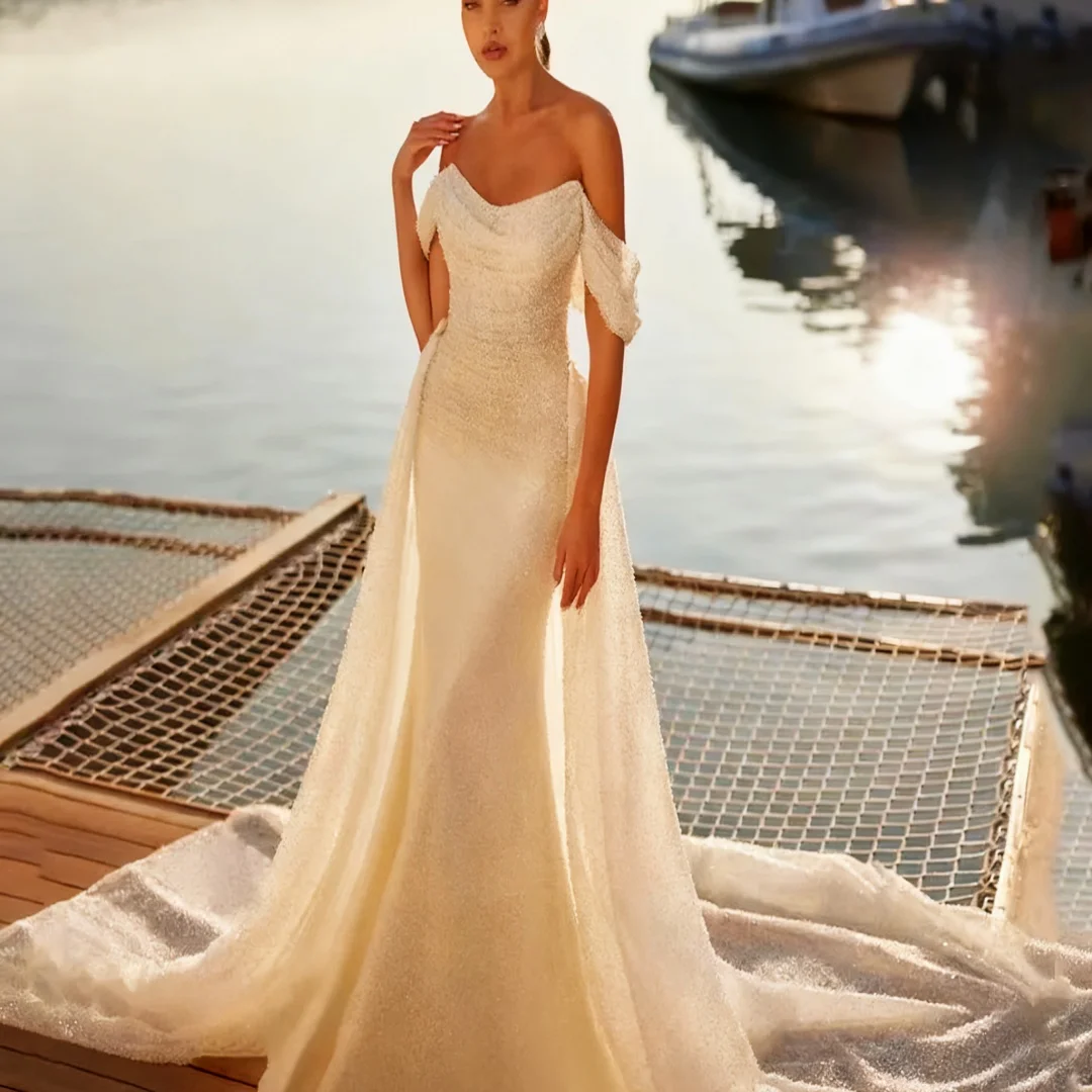 Customized  Vintage Off The Shoulder Wedding Dresses mermaid Bridal Gowns sleeveless Backless Formal Porm Party