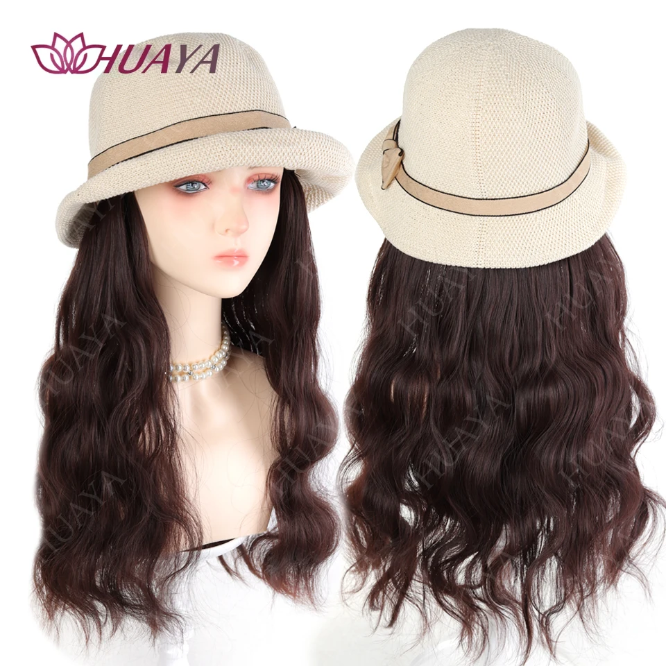 

Hat Wig Women Long Wave Sunshade Cap Wig with Curly Synthetic Hair Extensions, Natural look Brown Black Fashion Hat Wig