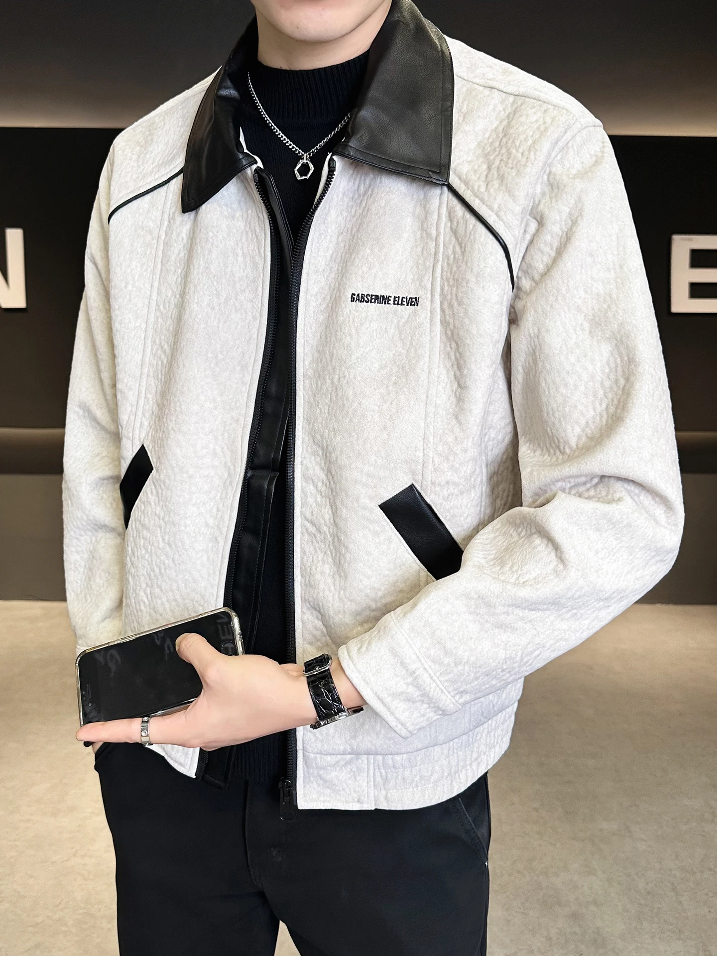 

ort Men's Leather Jaet Air Layered Velvet Sli Slim Fit Casual Coat Polyester Fiber Long Sve Zipper Closure Pure Color