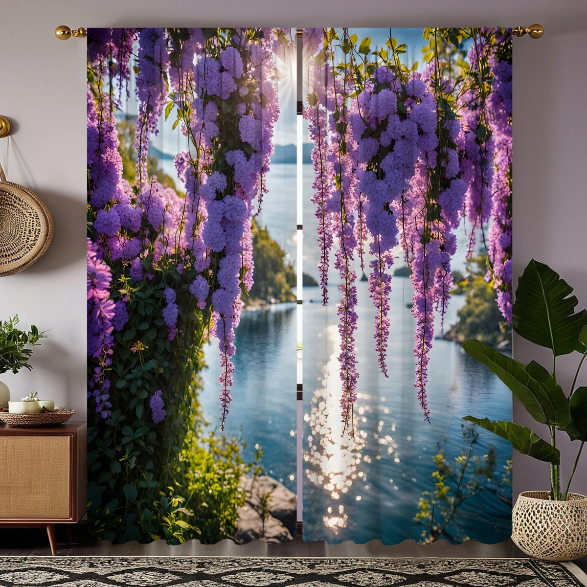 2pcs set HD lakeside Wisteria flower landscape decorative curtain Purple tie digital printed curtain Home Decoration style De