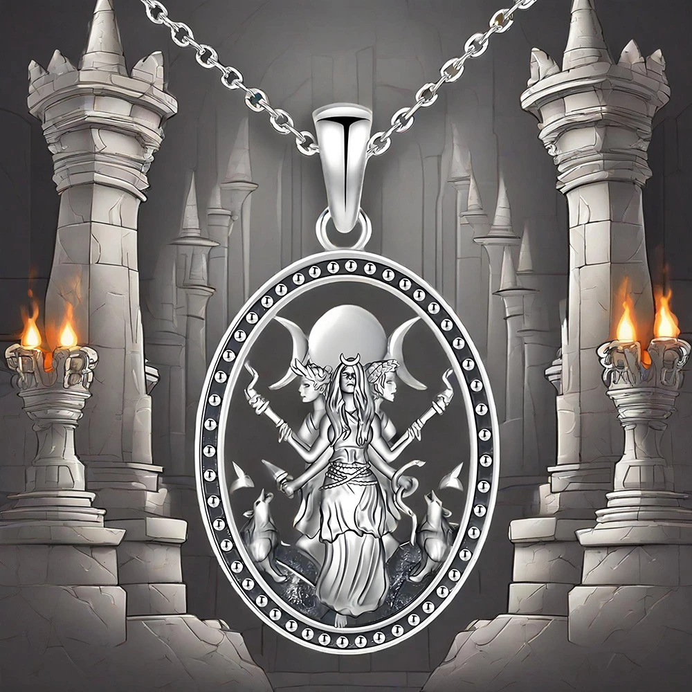 Retro Witchy Pendant Necklace Jewelry for Women Girls Triple Moon Goddess Hecate Design Neck Chain Gifts Accessories