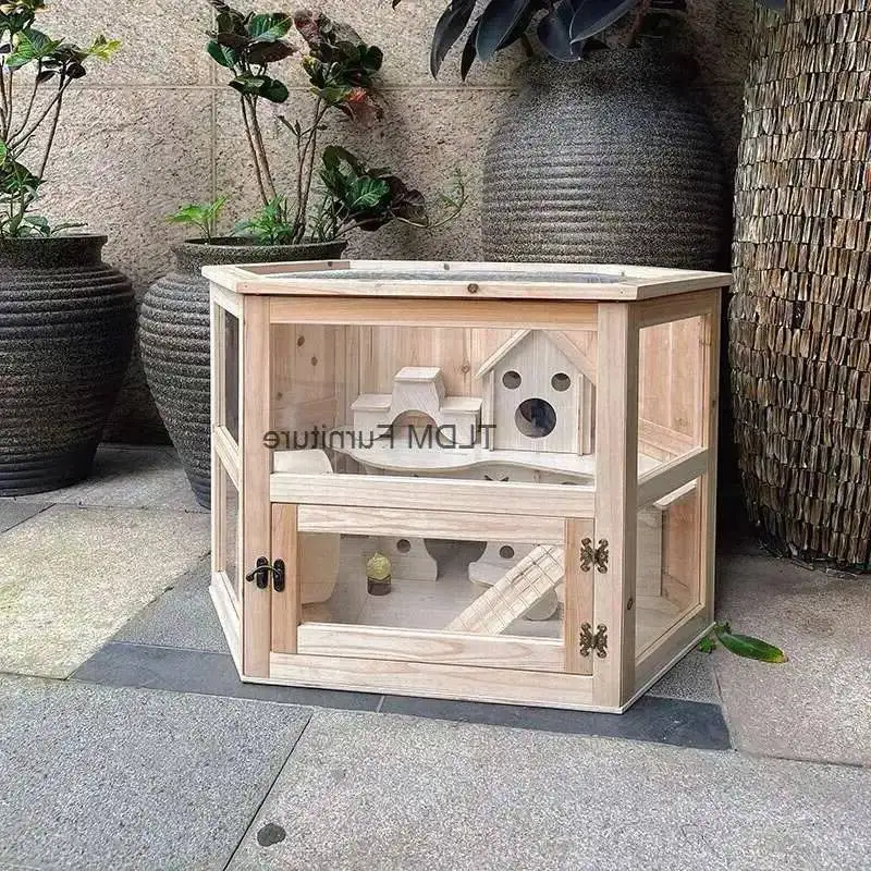 Double Transparent Solid Breathable House Wood Castle Hamster Layer Nest Villa Hamsters Cages Supplies for Acrylic Living Room M