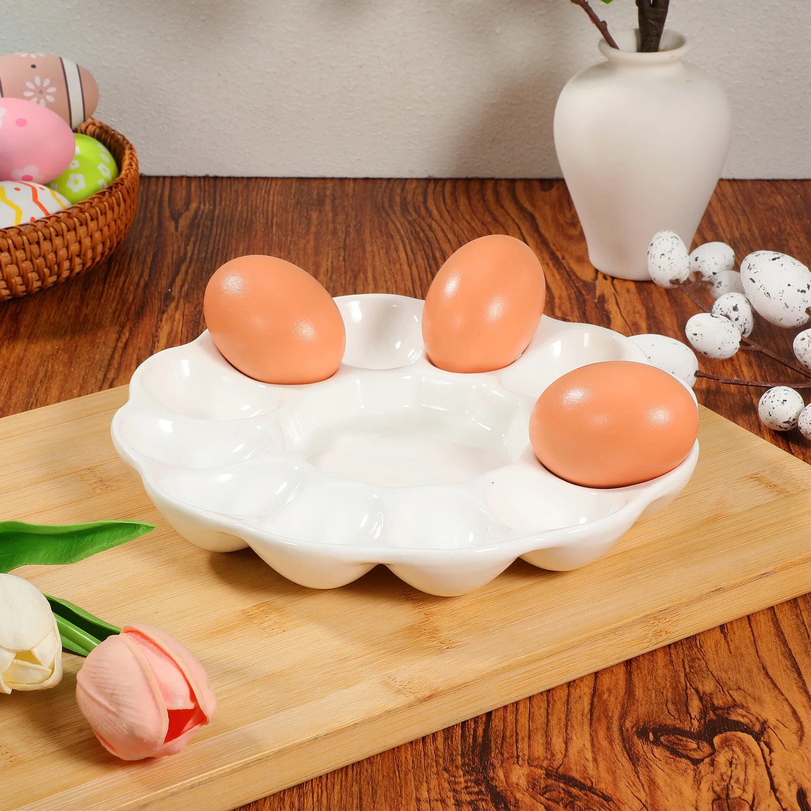 

1pc 12 Grid Ceramic Egg Holder Serving Tray for Deviled Eggs Easter Party Appetizer Display Dish Catering Kitchen Use