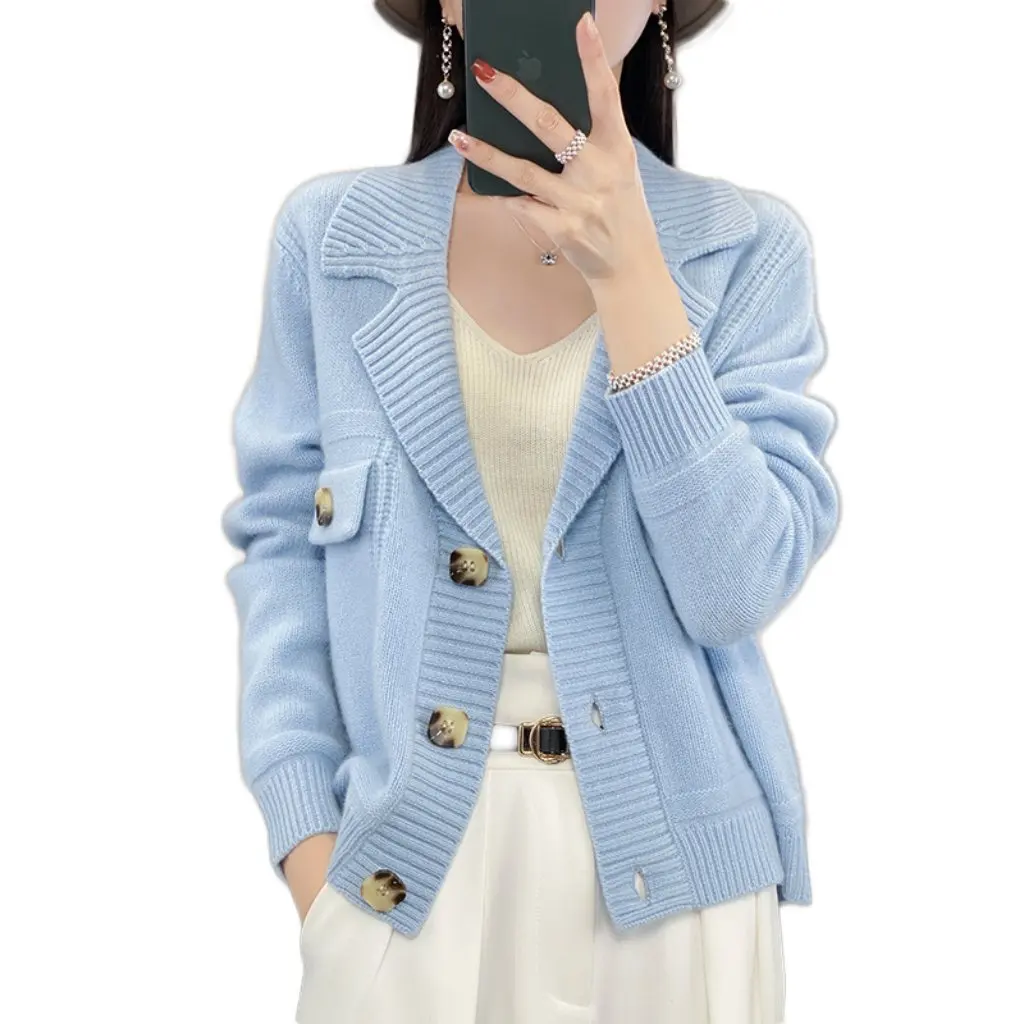 

Women's Thickened 100% Wool Cardigan Spring Autumn Suit Collar Jacket Knitted Sweater Short Top Style