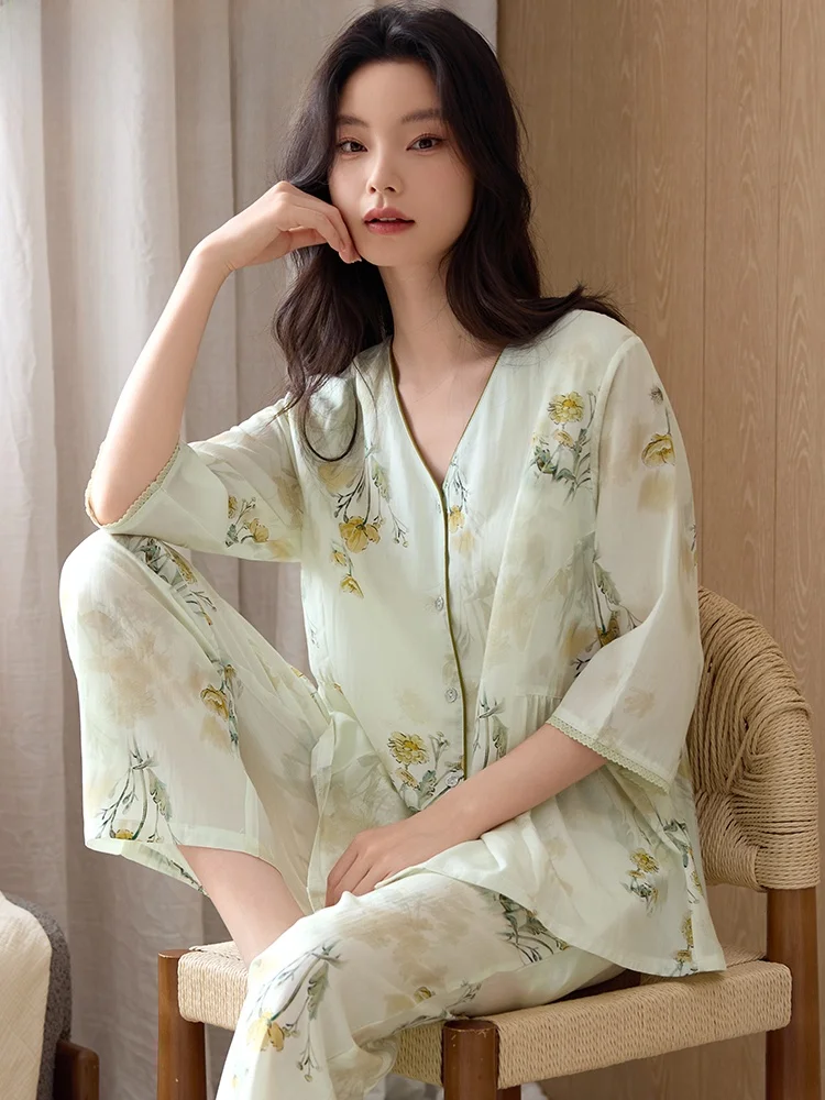 summer-lightweight-printed-sleepwear-set-for-women-loose-fit-short-sleeve-open-cardigan-home-clothes-with-chest-pad-by-liren