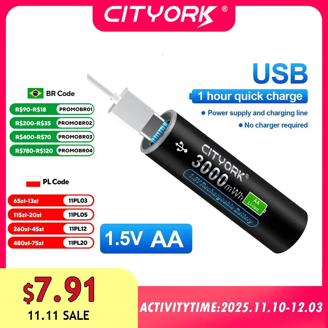 CITYORK 충전식 리튬 이온 AA 배터리, USB 충전, MP3 플레이어 온도계용 AA 2A 셀, 3000mWh, 1.5V