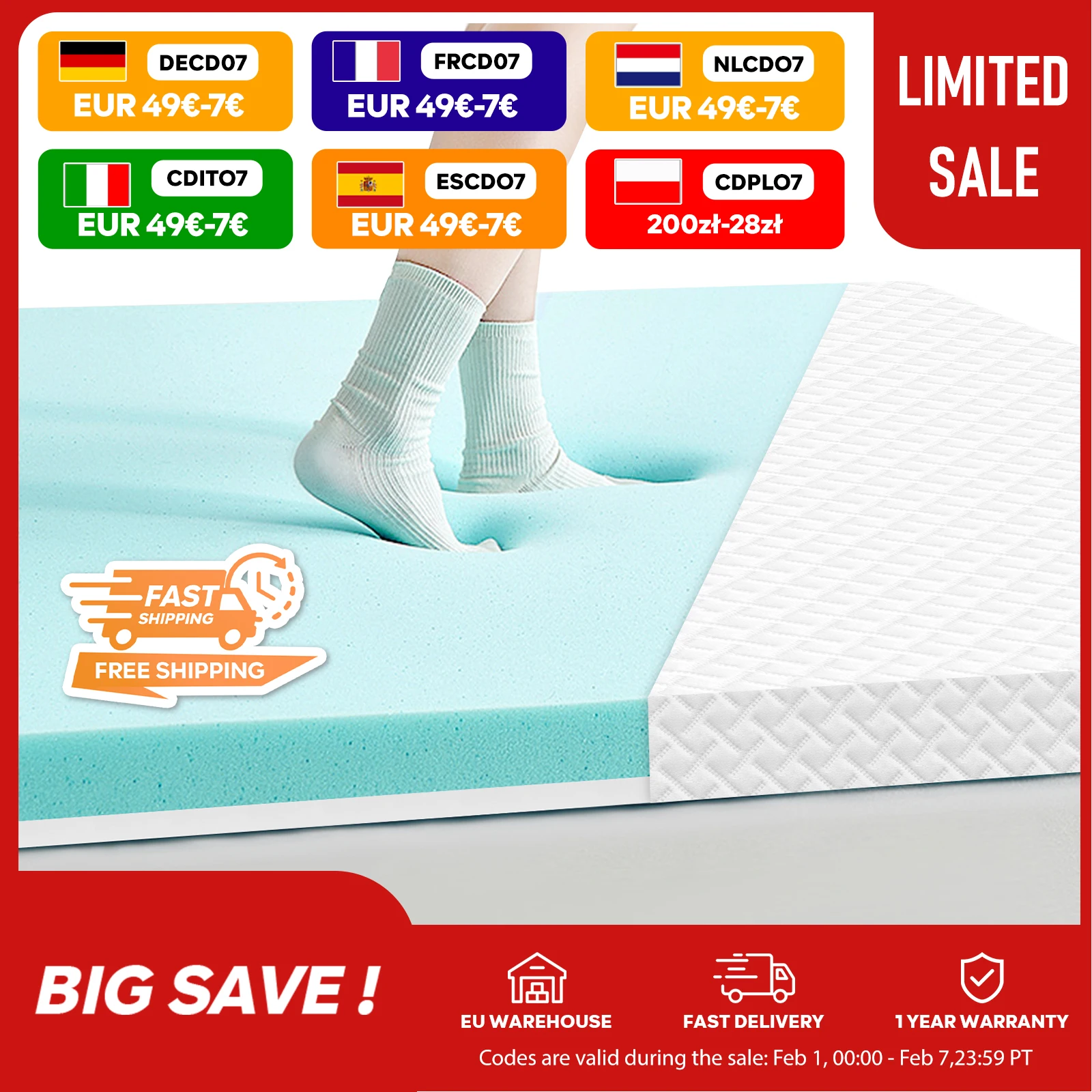 Surmatelas ROYGBIV avec doublure en gel dureté H2/H3 pour un confort et un soulagement de la pression, surmatelas de lit de 7 cm de hauteur, polyvalent