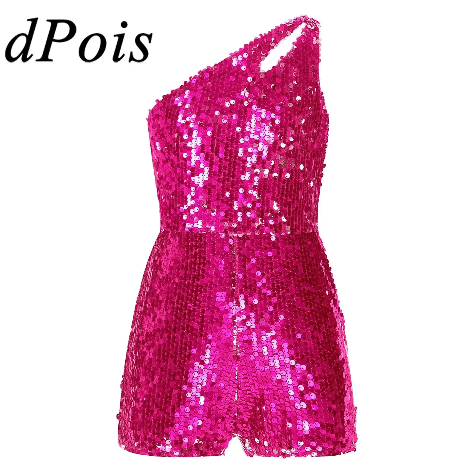 Kids Girls Shiny Sequin Rompers One Shoulders Sleeveless Short Unitards Party Jumpsuit for Ball Cha-Cha Jazz Dance Costumes