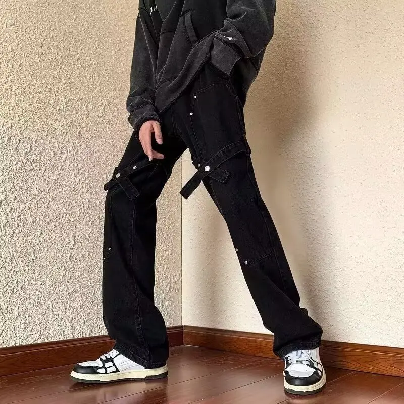 

Свободные прямые джинсы, мужские большие размеры 2024, новые студенческие модные повседневные износостойкие джинсовые брюки со средней талией