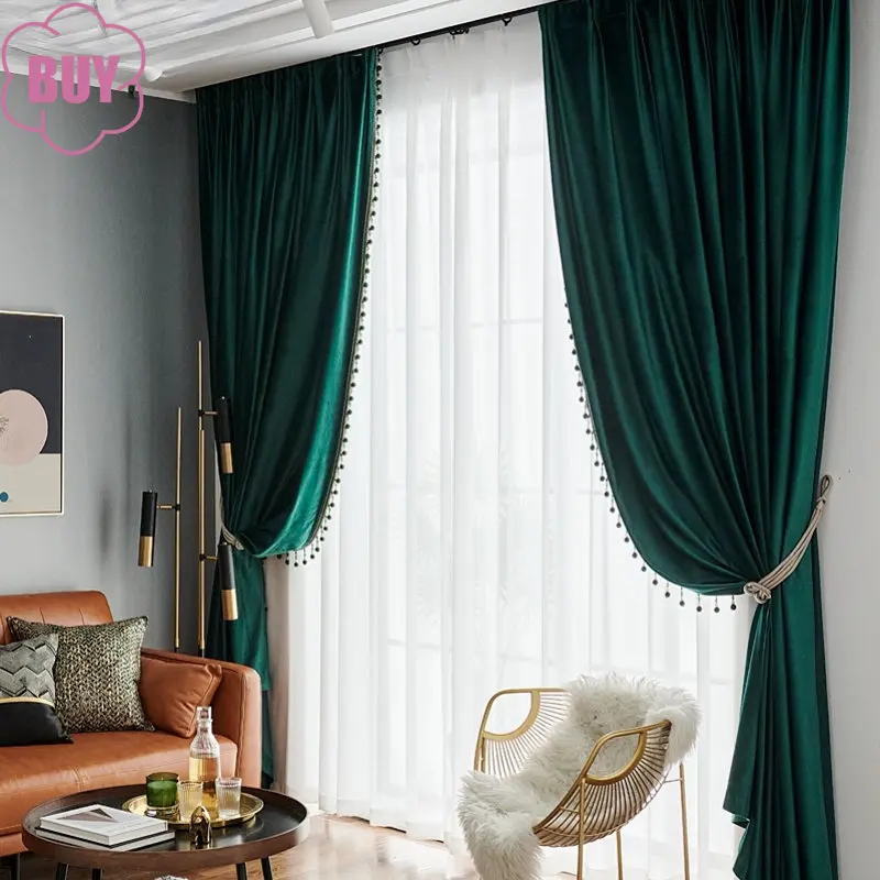 2024 New Curtains for Living Dining Room Bedroom Dark Green Velvet Curtain European Light Luxury Velvet Cloth French Window