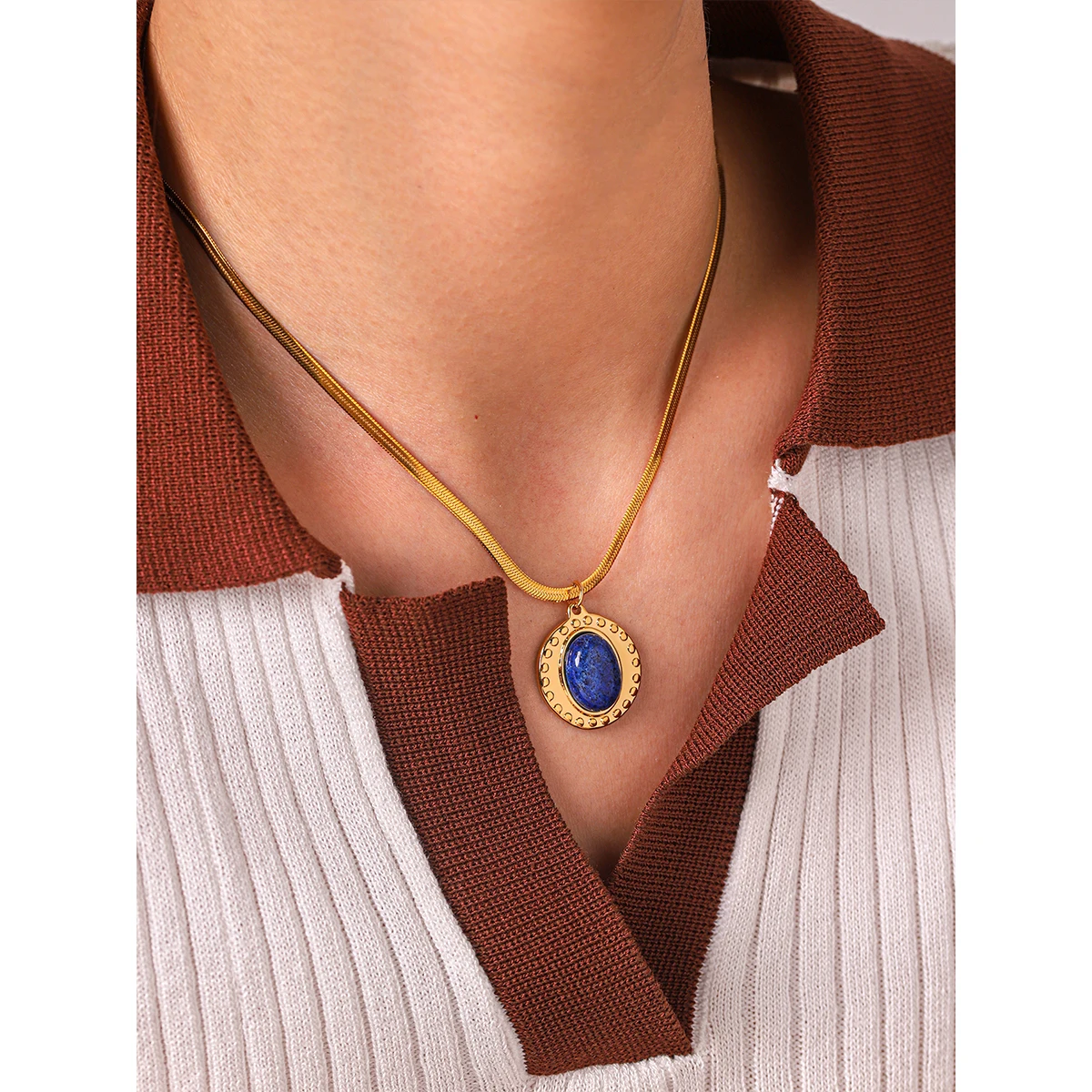 

18K Gold Plated Stainless Steel Snake Chain Natural Marble Sun Pattern Round Mini Turquoise Eye Retro Daily Wear Jewelry Gift
