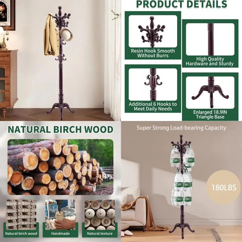 

Vintage Heavy-Duty Solid Wood Coat Rack Stand with 14 Hooks, Freestanding Triangle Base Design
